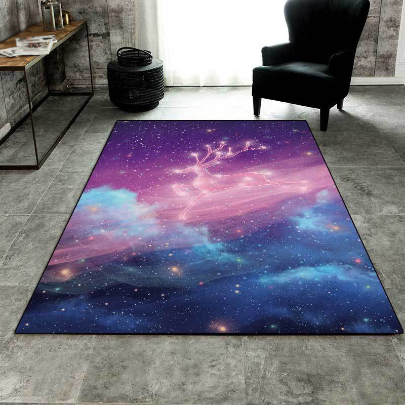 Unique Kids Rug in Purple Fairy Deer Galaxy Pattern Rug Polyester Non-Slip Back Rug for Children's Room