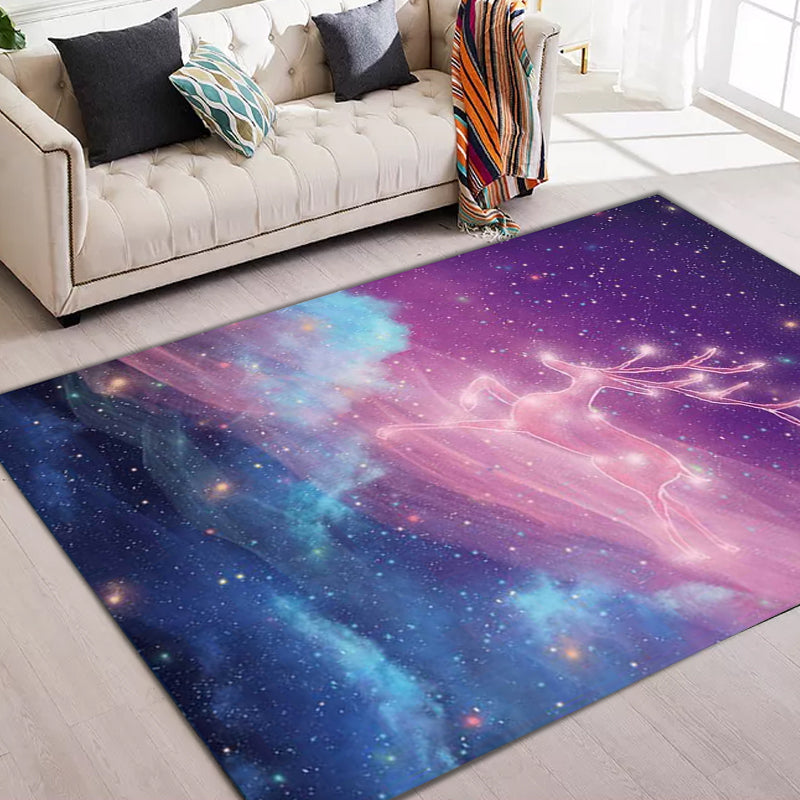 Unique Kids Rug in Purple Fairy Deer Galaxy Pattern Rug Polyester Non-Slip Back Rug for Children's Room