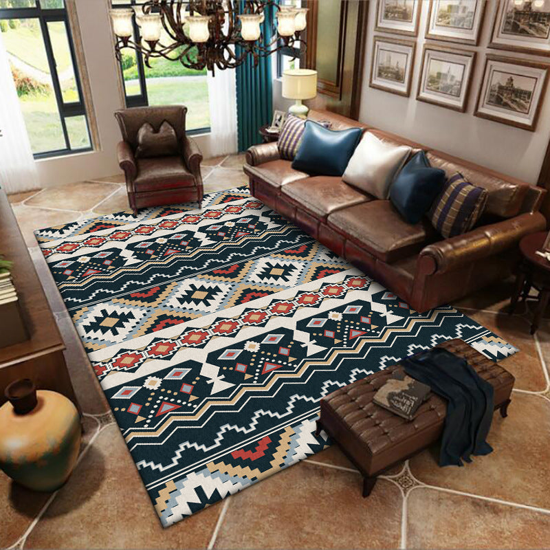 Southwest Tribal Print Carpet Black and White Polyester Carpet Machine Washable Non-Slip Area Rug for Living Room