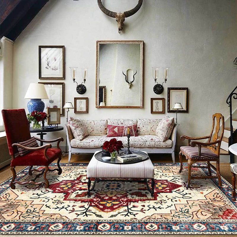 Moroccan Medallion Print Rug Light Brown Polyester Rug Machine Washable Non-Slip From the Floor for the Living Room
