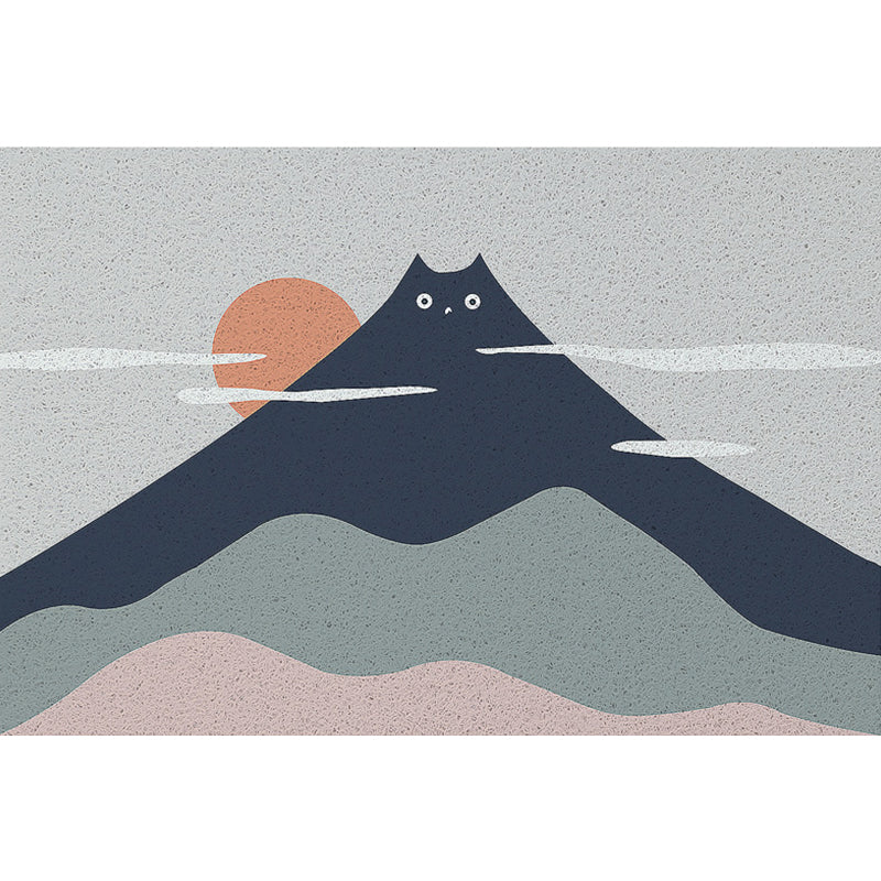 Green and Gray Children's Mat Vinyl Cat Mountains Print Carpet Washable Nonslip Back Rug for Children's Room