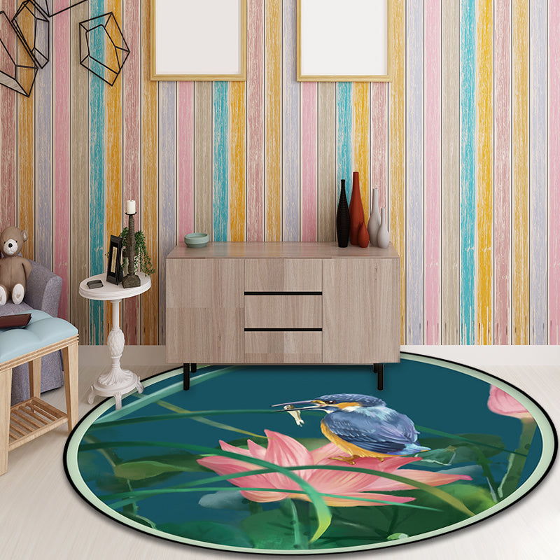 Vintage Lotus Pattern Carpet with Bird and Leaf Green Polyester Carpet Machine Washable Non-Slip Area Rug for Living Room