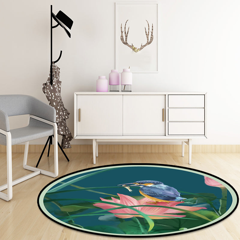 Vintage Lotus Pattern Carpet with Bird and Leaf Green Polyester Carpet Machine Washable Non-Slip Area Rug for Living Room