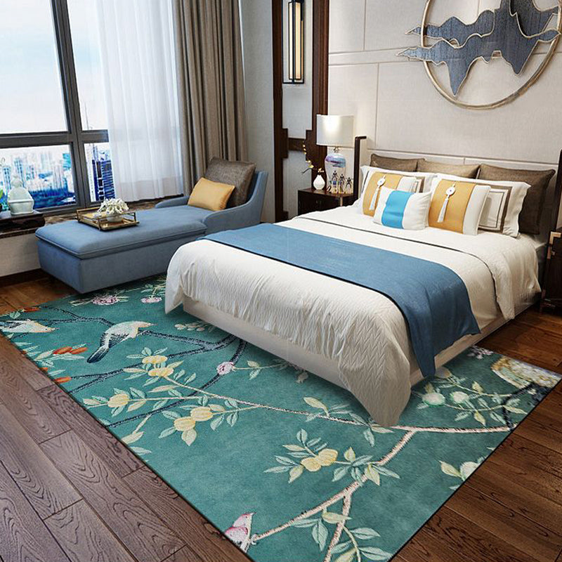 Retro Leaf Pattern Carpet with floral and bird green Oriental carpet washable polyester non-slip underlay carpet for bedroom