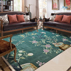 Retro Leaf Pattern Carpet with floral and bird green Oriental carpet washable polyester non-slip underlay carpet for bedroom