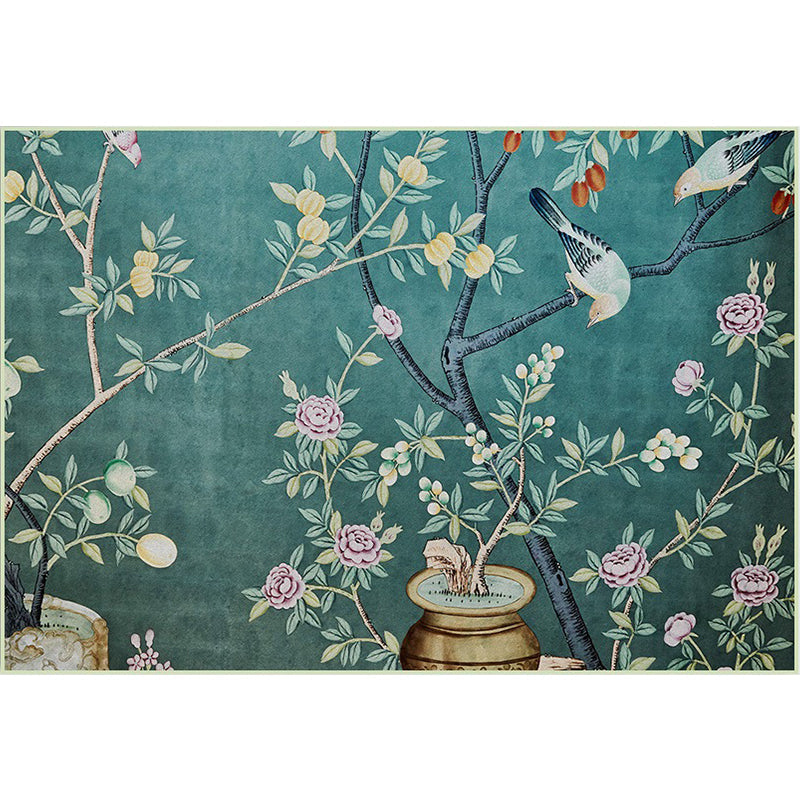 Retro Leaf Pattern Carpet with floral and bird green Oriental carpet washable polyester non-slip underlay carpet for bedroom