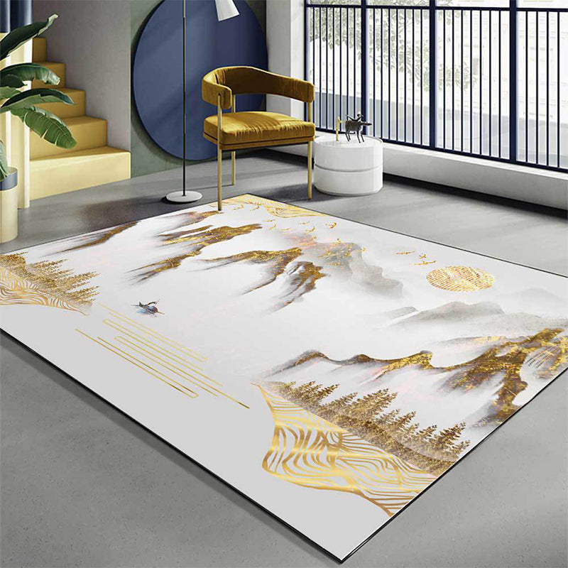 Retro Mountain Pattern Carpet with Character and Bird Golden Eastern Carpet Polyester Washable Non-Slip Backing Area Rug for Living Room
