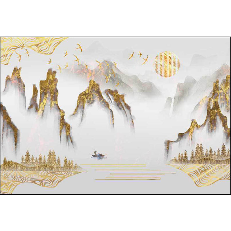 Retro Mountain Pattern Carpet with Character and Bird Golden Eastern Carpet Polyester Washable Non-Slip Backing Area Rug for Living Room