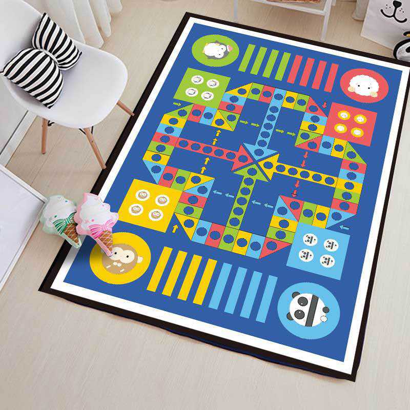Blue Children's Room Carpet Children Educational Ludo Pattern Area Rug Polyester Pet Friendly Washable Rug