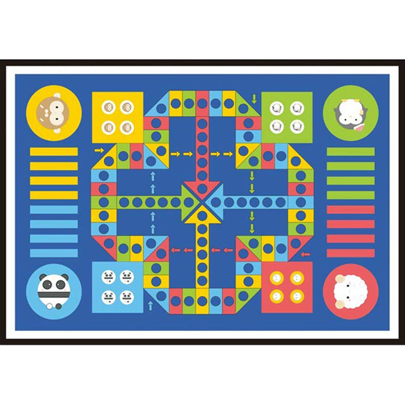 Blue Children's Room Carpet Children Educational Ludo Pattern Area Rug Polyester Pet Friendly Washable Rug