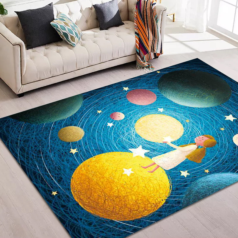 Beautiful children's rug in blue with planet patterns in space, polyester, non-slip, washable, rug for the children's room
