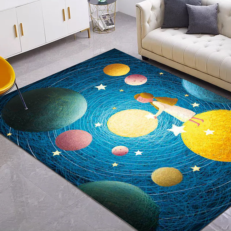 Beautiful children's rug in blue with planet patterns in space, polyester, non-slip, washable, rug for the children's room