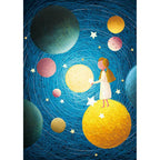 Beautiful children's rug in blue with planet patterns in space, polyester, non-slip, washable, rug for the children's room