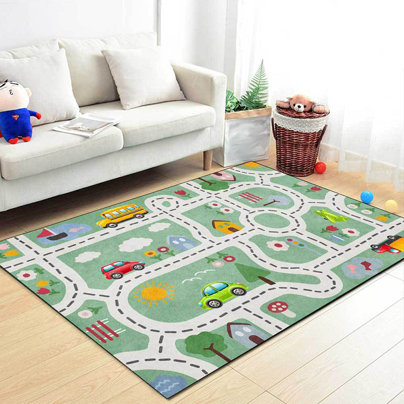 Beautiful children's carpet in green with cars & roads, house, flowers, tree pattern, polyester, pet-friendly carpet for the children's room