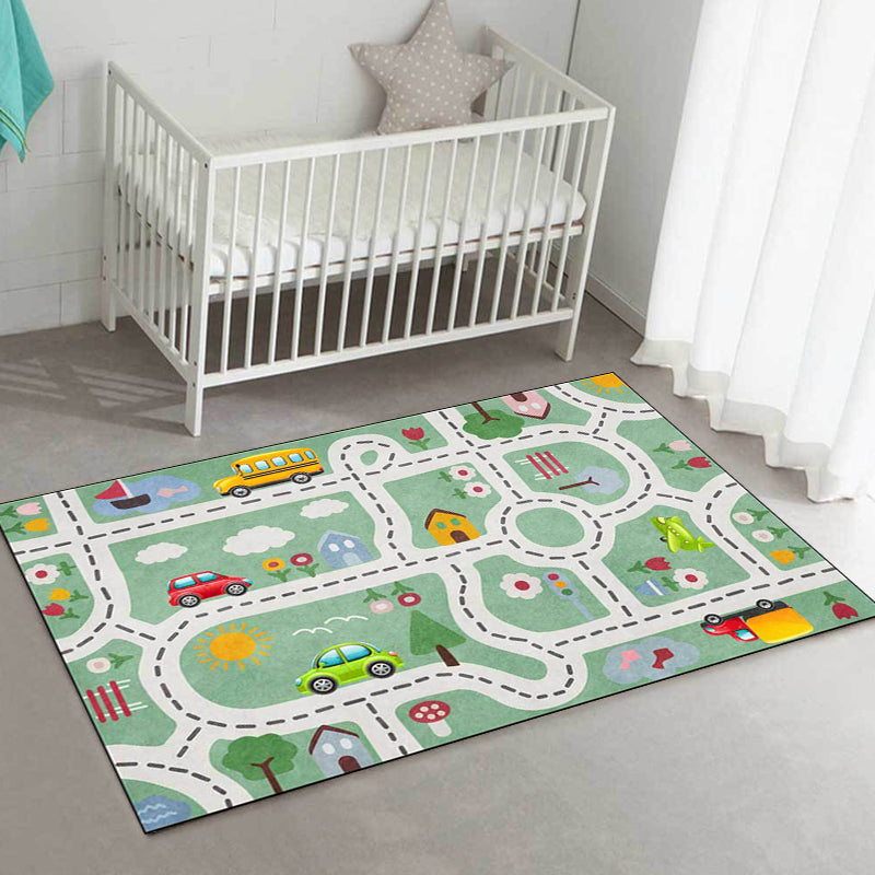 Beautiful children's carpet in green with cars & roads, house, flowers, tree pattern, polyester, pet-friendly carpet for the children's room