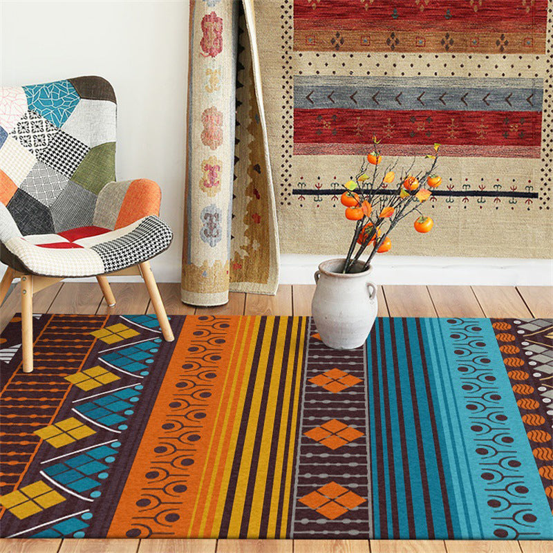 Stamm geometric striped pattern rug brown and blue vintage rug polyester washable non-slip backing rug for bedroom