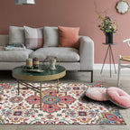 Pink Mediterranean Carpet Polyester Flower and Medallion Pattern Carpet Washable Non-Slip Back Carpet for Living Room