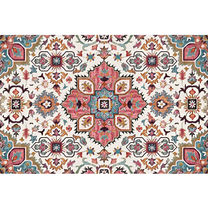 Pink Mediterranean Carpet Polyester Flower and Medallion Pattern Carpet Washable Non-Slip Back Carpet for Living Room