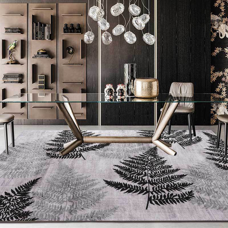 Contemporary leaf pattern rug gray polyester rug machine washable non-slip rug for the living room
