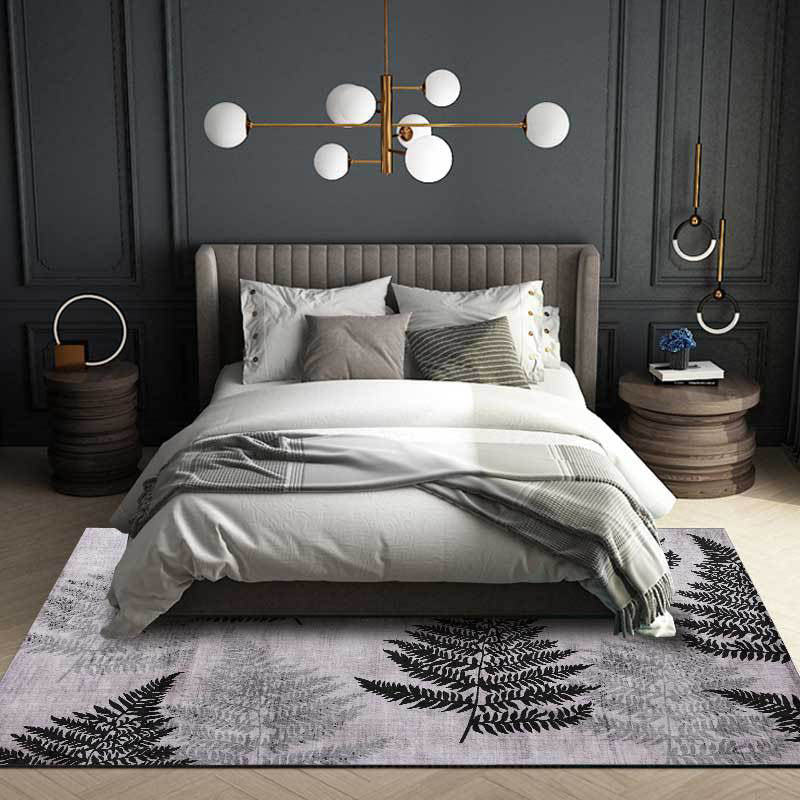 Contemporary leaf pattern rug gray polyester rug machine washable non-slip rug for the living room
