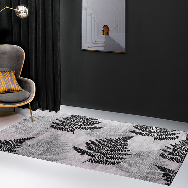 Contemporary leaf pattern rug gray polyester rug machine washable non-slip rug for the living room