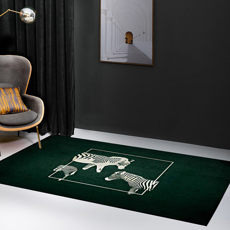 Stylish zebra pattern rug dark green Nordic rug polyester washable non-slip backing rug for the living room