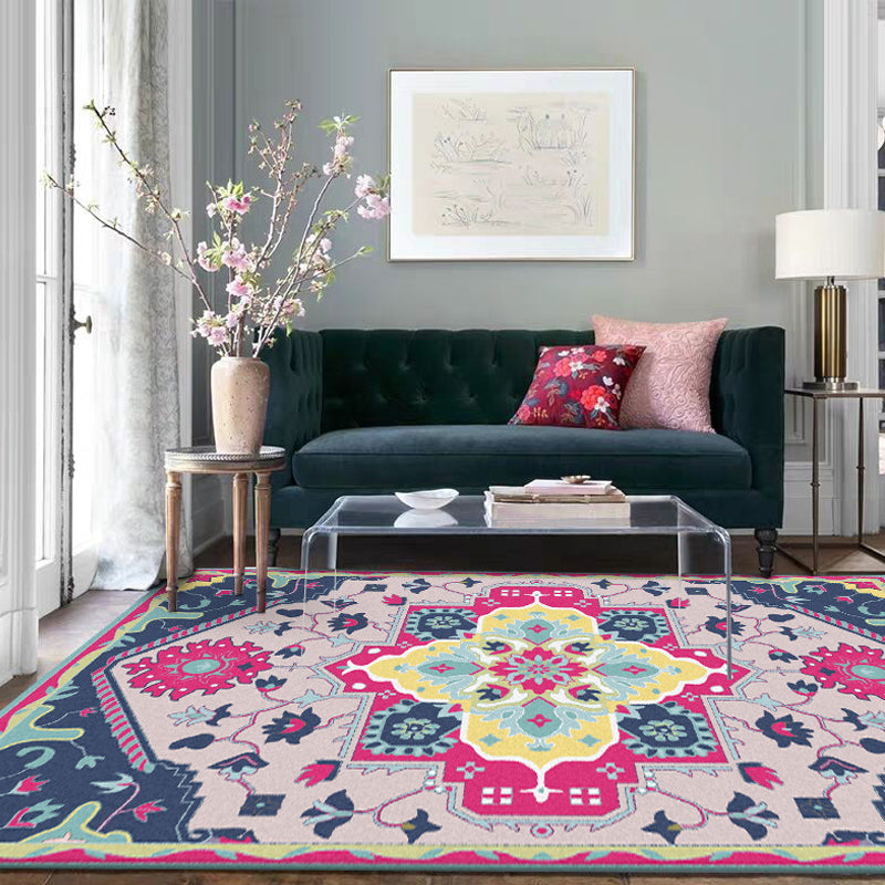 Pink and Blue Mediterranean Carpet Polyester Medallion Pattern Carpet Washable Non-Slip Backing Carpet for Living Room