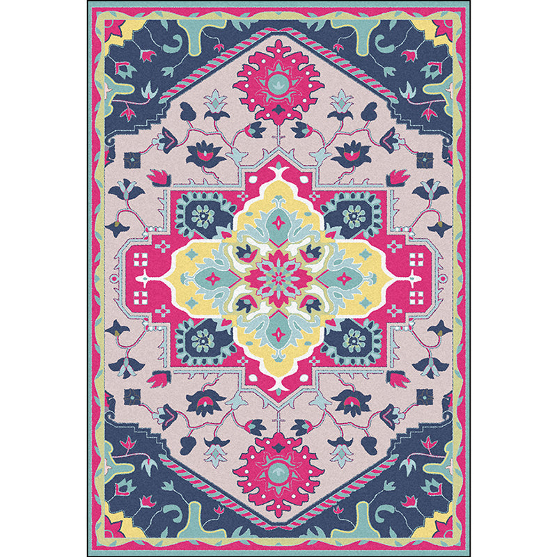 Pink and Blue Mediterranean Carpet Polyester Medallion Pattern Carpet Washable Non-Slip Backing Carpet for Living Room