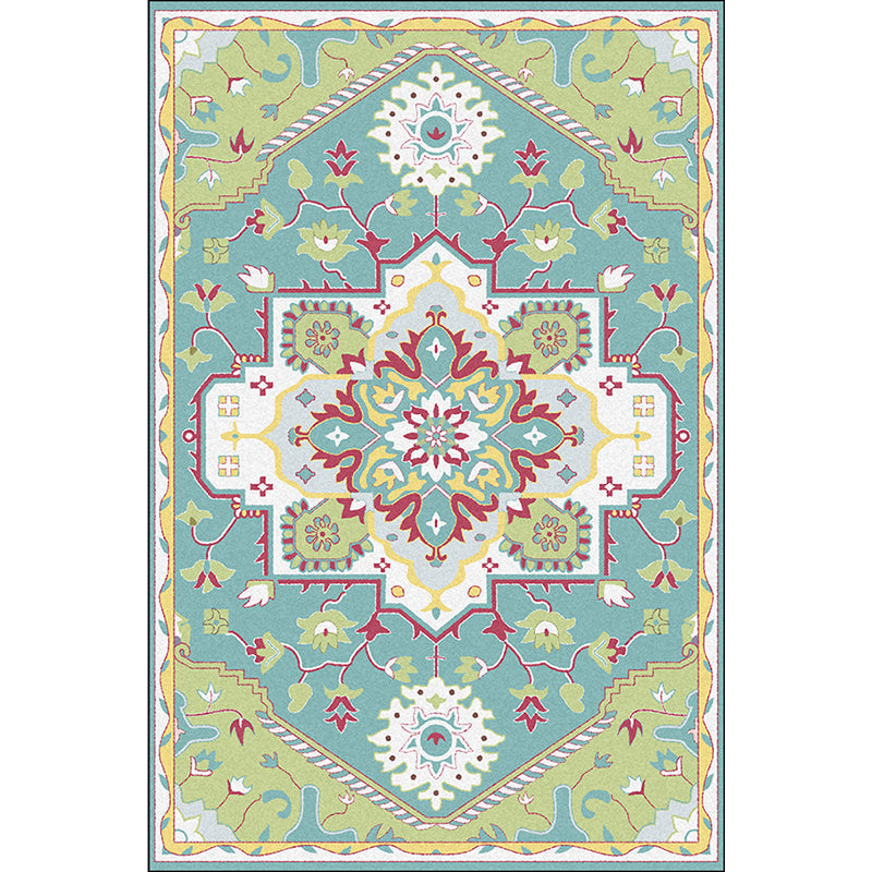 Pink and Blue Mediterranean Carpet Polyester Medallion Pattern Carpet Washable Non-Slip Backing Carpet for Living Room