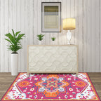 Pink and Blue Mediterranean Carpet Polyester Medallion Pattern Carpet Washable Non-Slip Backing Carpet for Living Room