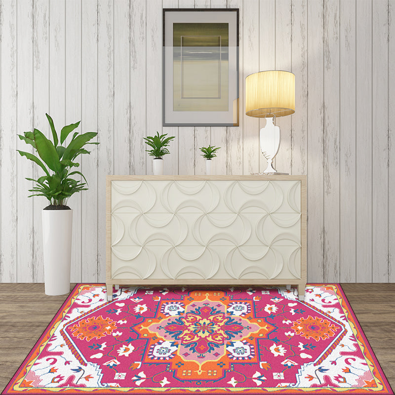 Pink and Blue Mediterranean Carpet Polyester Medallion Pattern Carpet Washable Non-Slip Backing Carpet for Living Room