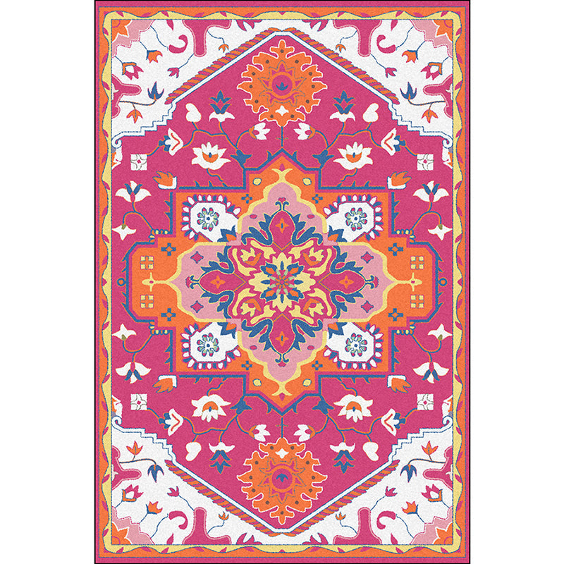 Pink and Blue Mediterranean Carpet Polyester Medallion Pattern Carpet Washable Non-Slip Backing Carpet for Living Room