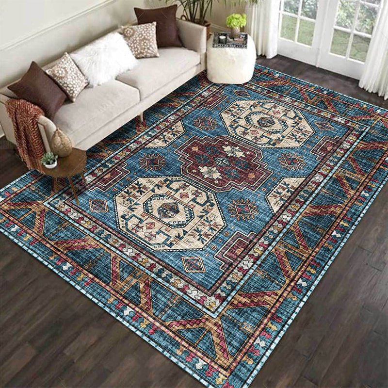 Moroccan medallion pattern rug blue polyester rug machine washable non-slip rug for the living room