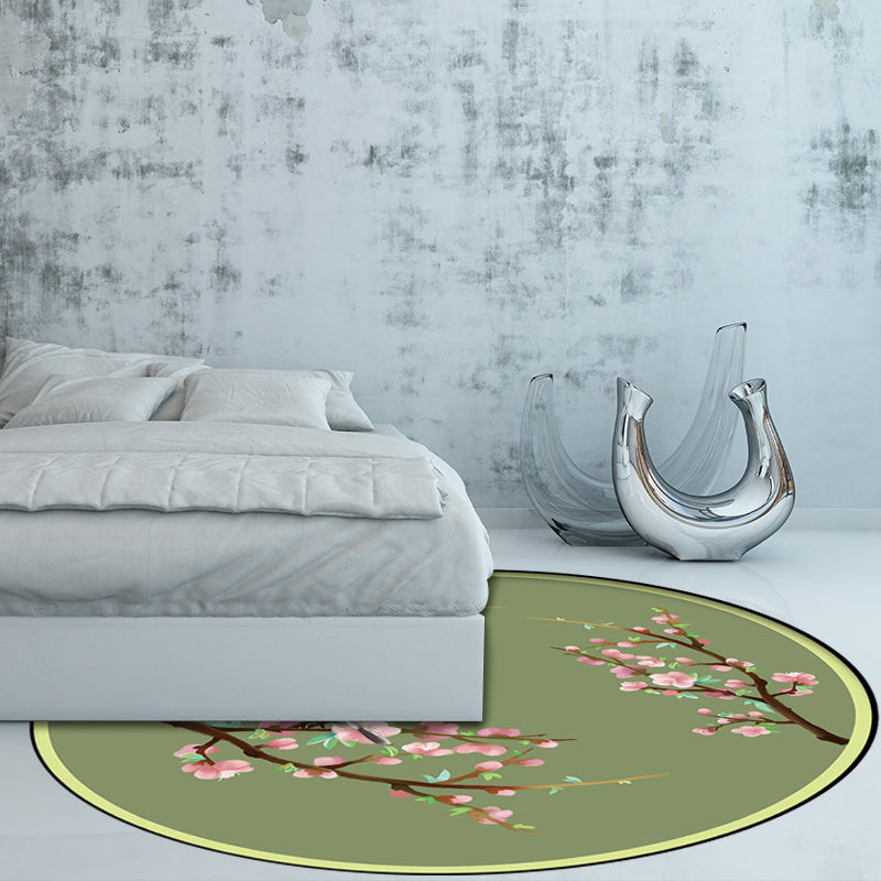 Vintage Floral Pattern Rug with Bird Green Polyester Rug Machine Washable Non-Slip Rug for Bedroom