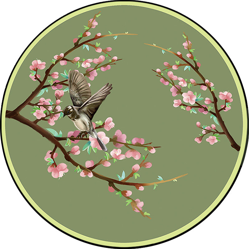 Vintage Floral Pattern Rug with Bird Green Polyester Rug Machine Washable Non-Slip Rug for Bedroom