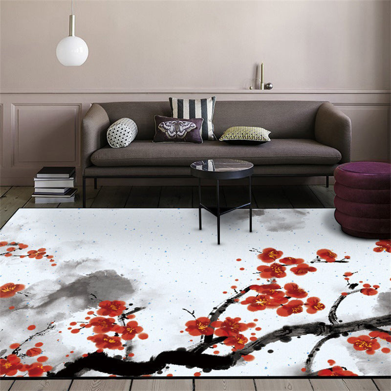 Red and White Oriental Carpet Polyester Ink Wash Paint Pattern Carpet Washable Nonslip Back Carpet for Bedroom