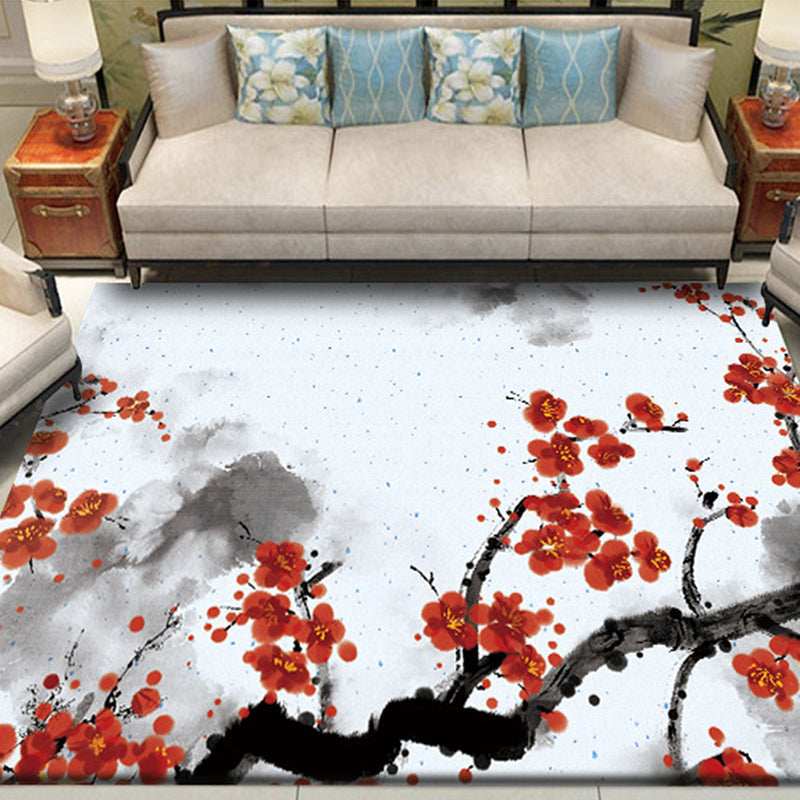 Red and White Oriental Carpet Polyester Ink Wash Paint Pattern Carpet Washable Nonslip Back Carpet for Bedroom