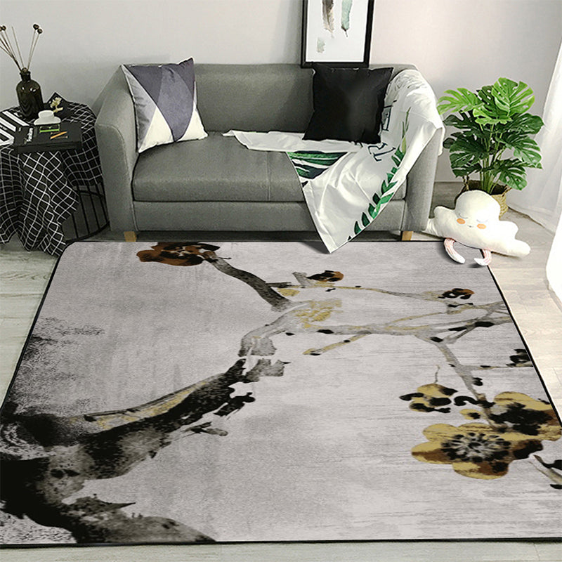 Retro Ink Wash Painting Rug with Floral Khaki Oriental Carpet Washable Polyester Non-slip Backing Area Rug for Bedroom