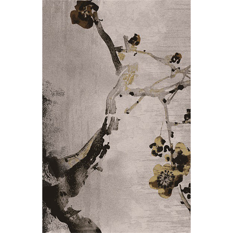 Retro Ink Wash Painting Rug with Floral Khaki Oriental Carpet Washable Polyester Non-slip Backing Area Rug for Bedroom