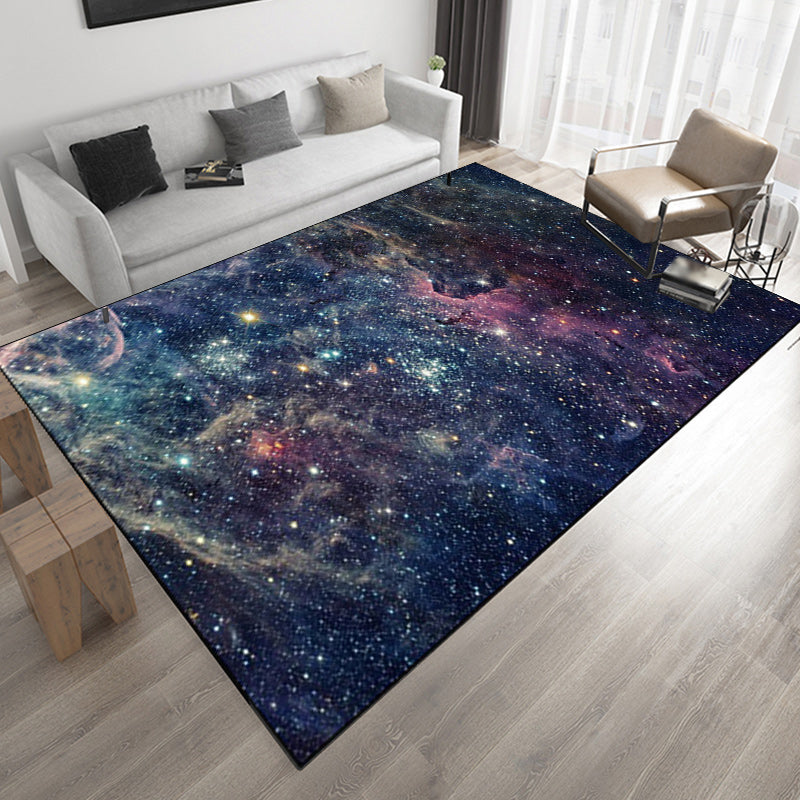 Modern living room rug in blue outdoor galaxy print rug polyester non-slip backing rug