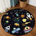 Unique Children's Carpet in Black Outdoor Space Airplane Planet Star Patterns Carpet Polyester Pet Friendly Area Rug for Children's Room