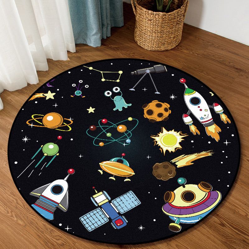 Unique Children's Carpet in Black Outdoor Space Airplane Planet Star Patterns Carpet Polyester Pet Friendly Area Rug for Children's Room