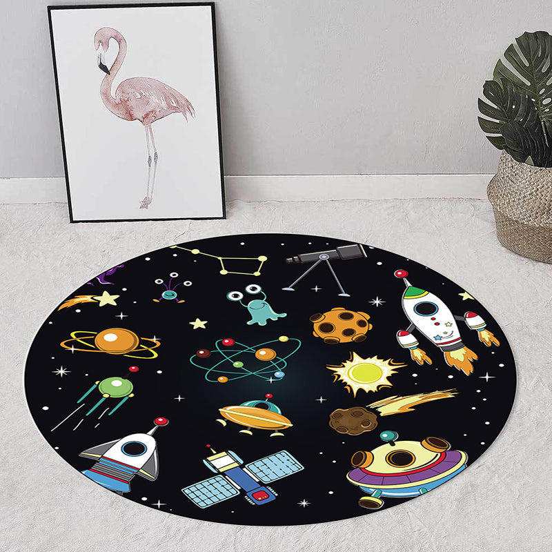 Unique Children's Carpet in Black Outdoor Space Airplane Planet Star Patterns Carpet Polyester Pet Friendly Area Rug for Children's Room