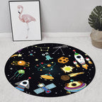Unique Children's Carpet in Black Outdoor Space Airplane Planet Star Patterns Carpet Polyester Pet Friendly Area Rug for Children's Room