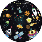 Unique Children's Carpet in Black Outdoor Space Airplane Planet Star Patterns Carpet Polyester Pet Friendly Area Rug for Children's Room