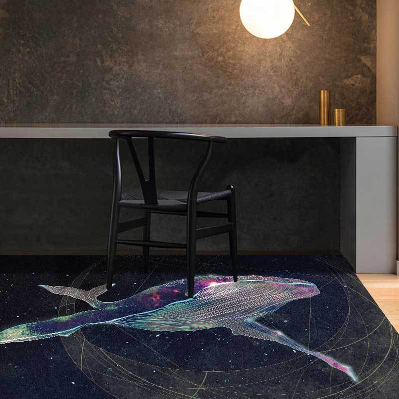 Kids Room Carpet in Black Extraterrestrial Star Whale Print Carpet Polyester Nonslip Back Washable Area Rug