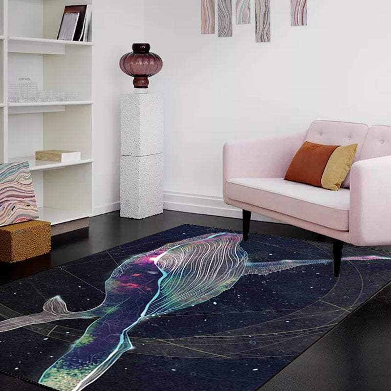 Kids Room Carpet in Black Extraterrestrial Star Whale Print Carpet Polyester Nonslip Back Washable Area Rug