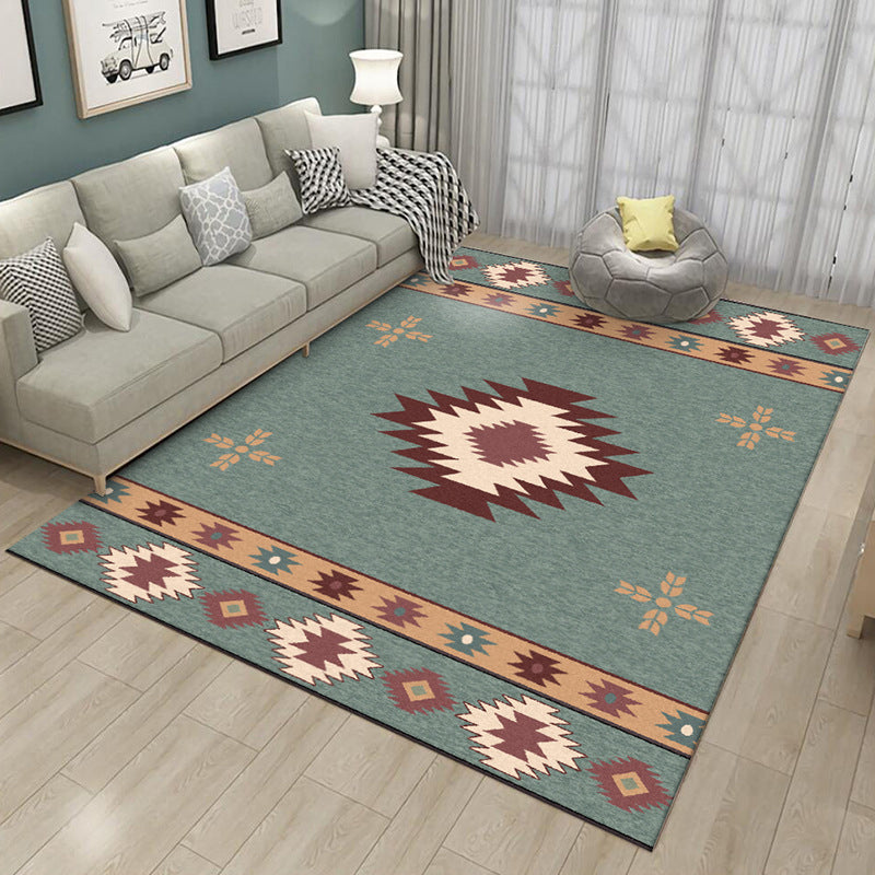 Green Tribal Rug Polyester Tribal Pattern Rug Washable Non-Slip Underlay Rug for the Living Room