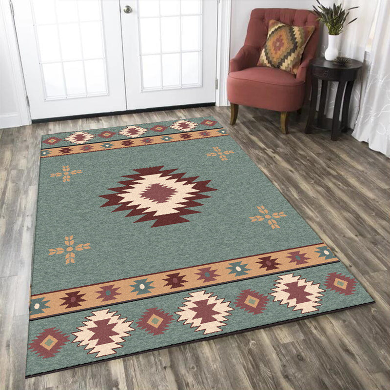 Green Tribal Rug Polyester Tribal Pattern Rug Washable Non-Slip Underlay Rug for the Living Room