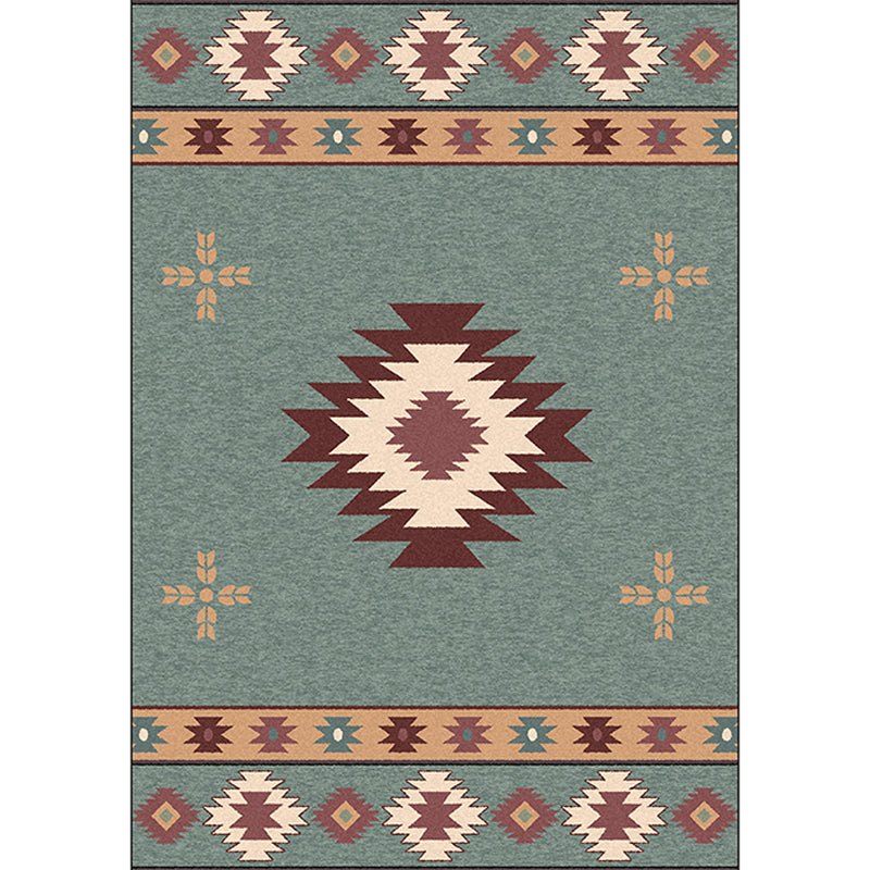 Green Tribal Rug Polyester Tribal Pattern Rug Washable Non-Slip Underlay Rug for the Living Room